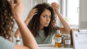 אישה עם שיער מתולתל מסתכלת במראה ומטפטפת שמן צמחי טבעי ישירות על הקרקפת בעזרת טפטפת. על השיש מולה מונחים בקבוקי שמן, צנצנת עשבי תיבול, ומסמך רפואי עם הכותרת של שם הרופא